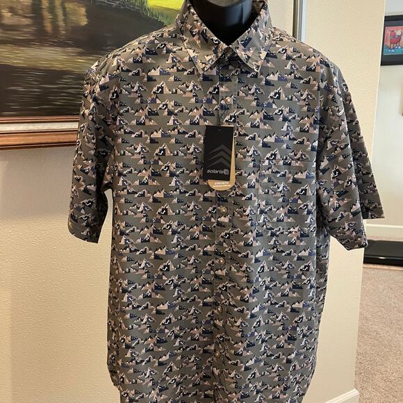 NWT Solaris Men's Mountain Motif Button-up Short Sleeve Shirt Sz: XL - Picture 1 of 10